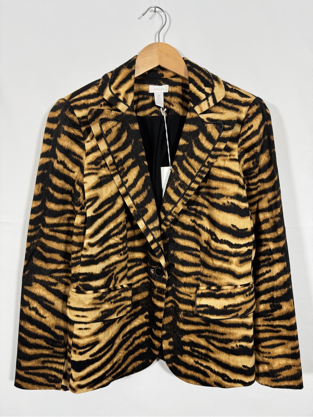 WBZ1 {Chicos} Brown Black Animal Tiger Print Cotton Blazer Suit Coat Jacket